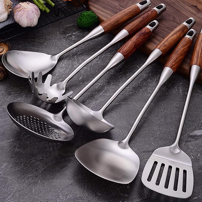 Cooking Utensils Set,7pcs 304 Stainless Steel Kitchen Utensils Set with Holder,Heat Resistant Wooden Handle Kitchen Tools