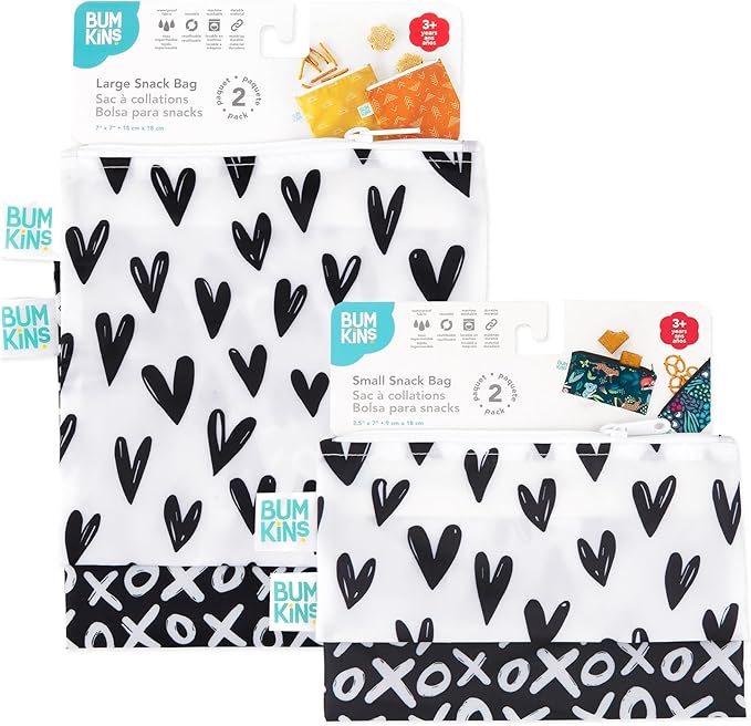 Bumkins - Cloth Snack & Sandwich Bags - For Storage, Travel, Food Prep, Lunch - Reusable, Water Resistant, Washable, Dishwasher Safe - Snack Bags for Kids - Zipper Closure - Black Hearts - 4 Pack