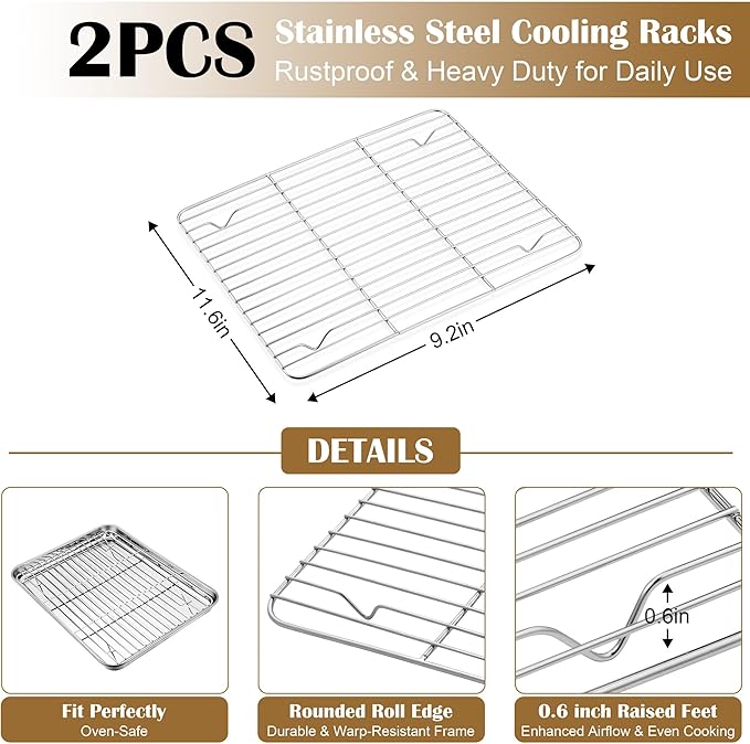 E-far Baking Sheet with Wire Rack (2 Pans + 2 Racks), Stainless Steel Cookie Sheets Pan & Cooling Rack for Baking Cookies Cake, Non Toxic & Heavy Duty, Oven & Dishwasher Safe, 12.4 x 9.7 x 1 Inch