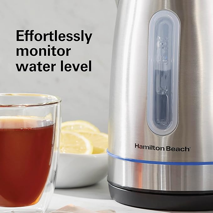 Hamilton Beach Electric Tea Kettle, Water Boiler & Heater, 1.7 Liter, Cordless Serving, 1500 Watts for Fast Boiling, Auto-Shutoff and Boil-Dry Protection, Stainless Steel with LED Light Ring (41037)