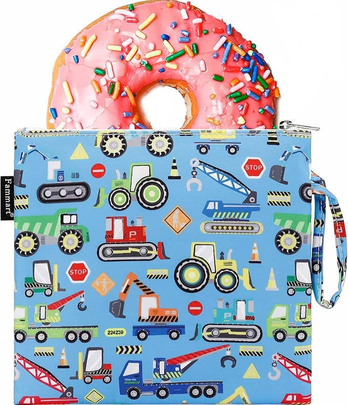 Reusable Sandwich Bag/Snack Bag for Kids & Adults, Dual Layer Lunch Bag with Handle, Washable, Food Safe, BPA Free (1-Pack, Car)