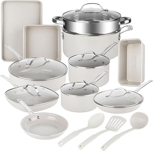 Granitestone 20 Pc Ceramic Cookware Set Nonstick, Complete Pots and Pans Set Non Stick for Kitchen with Bakeware, Cooking Utensils & Steamer, Non Toxic Made Without PFOA PFOS, Oven & Dishwasher Safe