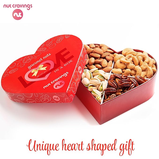 NUT CRAVINGS - Mixed Nuts Heart Shaped Gift Basket, Love in A Box (4 Assortments) Romantic Food Arrangement, Healthy Snack Care Package, Food Assortments