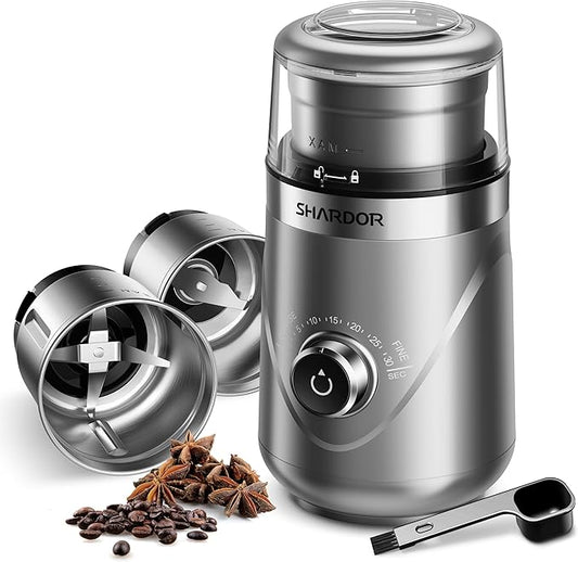 SHARDOR Adjustable Coffee Grinder Electric, Herb, Spice, Coffee Bean,Espresso Grinder with 2 Removable Stainless Steel Wet and Dry Bowl, Silver