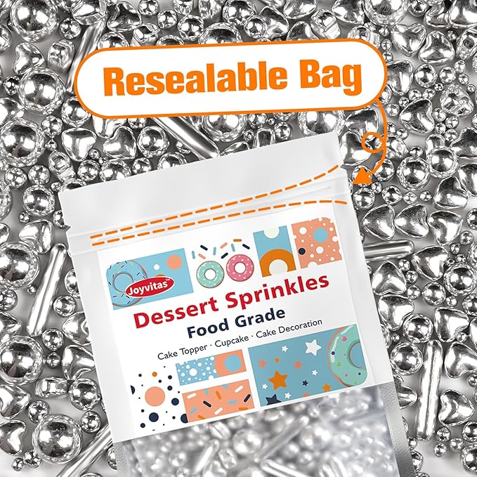 Silver Pearl Rods Heart Sprinkles, Baking Sugar, Silver Sprinkles for Cake, Mix Size, Cupcake Decoration, Holiday, Mother's Day, Wedding Party Supplies