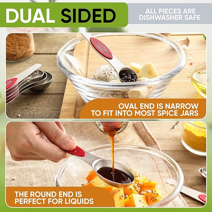 Spring Chef Magnetic Measuring Cups & Spoons Set (Patent Pending), Strong N45 Magnets, Heavy Duty Stainless Steel Fits in Spice Jars for Baking & Cooking, BPA Free, Round Set of 15 with Leveler, Red