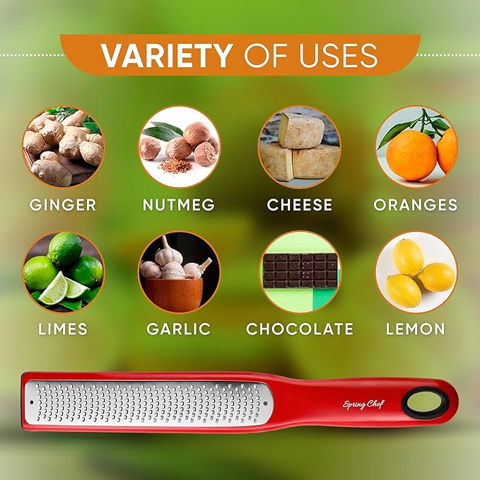 Spring Chef Premium Red Lemon Zester Grater with Handle - Fruit, Garlic, Citrus, Nutmeg, Orange Zester Tool - Heavy Duty Kitchen Shredder - Stainless Steel Ginger Grater with Blade Cover - Fine Shred