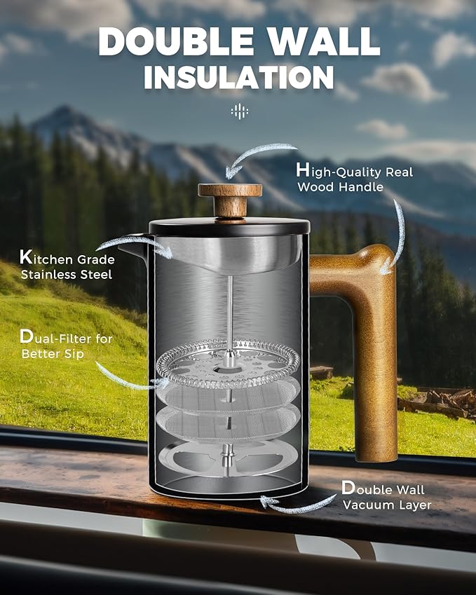 POLIVIAR French Press Coffee Maker, 21 oz Coffee Press with Real Wood Handle, Double Wall Insulation & Dual-Filter Screen, Food Grade Stainless Steel for Good Coffe and Tea, JX2024-SFPB