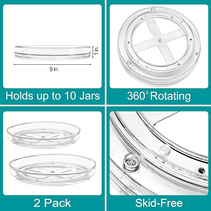Sorbus 9 Inch Clear Lazy Susan Organizer Set, 2 Flat Turntable Organizer for Spice Organization for Cabinet, One 2 Tier Lazy Susan for Kitchen, Home, Office, Closet, Laundry Room Organization