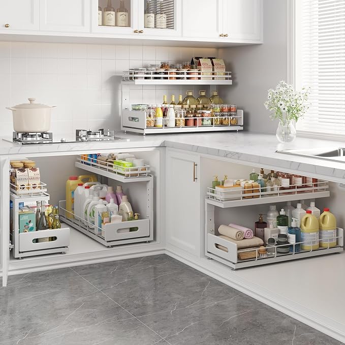 2 Pack 21 IN Depth Pull Out Cabinet Storage With Smooth Rails,2-Tier Dual Pull Out Cabinet Storage For Bathroom Kitchen,Under Sink Shelf-White
