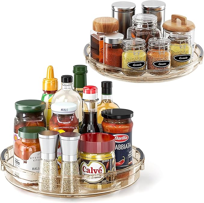 LAMU 2 Pack Lazy Susan Turntable Organizer for Cabinet, 10.6'' 9.25'' Condiment Organizer for Refrigerator, Kitchen Pantry, Medicine Cabinet Organizer, Spices Rack Organization, Bathroom, Amber