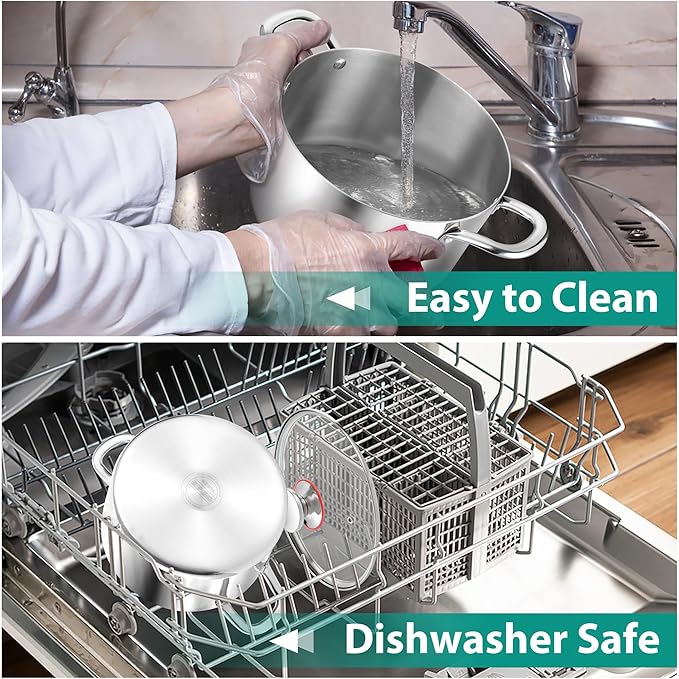 E-far 4 Quart Stock Pot, Tri-Ply Stainless Steel Cooking Pot with Glass Lid and Riveted Handles, Metal Pasta Soup Pot for Induction Ceramic Electric Gas Stoves, Heavy Duty & Dishwasher Safe