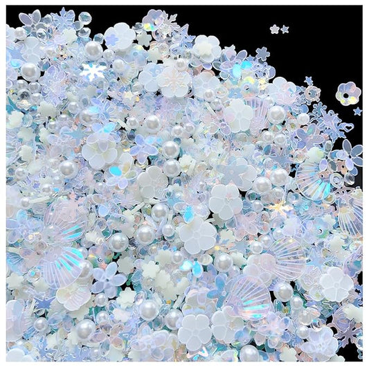 Sequins Holographic Polymer Clay Slices Nail Glitter 3D Holographic Snowflake Shell Butterfly Plum Blossom Nail Sequins Slices Polymer Clay Nail Decals for DIY Nail Decoration (White-51)