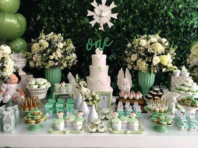 First Birthday Cake Topper - Green Glitter One Cake Decorating Supplies for Girls and Boys, Perfect for Baby Shower/Gender Revealing Party/Baby Party Photo Booth Props