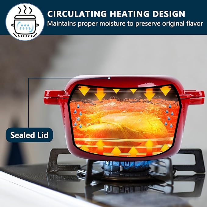 E-far 5 Quart Enameled Cast Iron Dutch Oven, 2 in 1 Dutch Oven Pot with Skillet Lid and Silicone Bread Sling, Ideal for Bread Baking, Cooking, Stewing, Frying, Induction & Oven Safe - Red