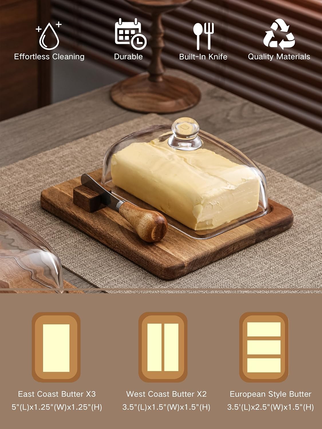 Large Glass bamboo Butter Dish with knife,Large Butter Dish for Countertop,Thick Sealed Glass Lid,Butter Dishes with Lid for West/East Coast Butter,Kitchen Decor and Gifts,Dishwasher Cleanable