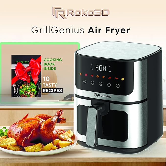 Stainless Steel Air Fryer ROKO 3D with Visible Window - 5Qt Capacity for 3-5 Persons | 18 in 1 - Fry, Bake, Toast, Broil, Reheat without Oil - 1400W, Dishwasher Safe, Luxury Black and Silver