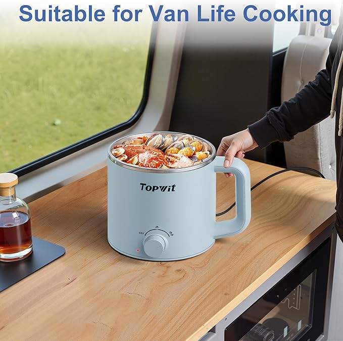 Topwit Hot Pot Electric, Electric Pot, 1.6L Ramen Cooker, Multifunctional Cooker for Pasta, Shabu-Shabu, Oatmeal, Soup and Egg with Over-Heating Protection, Boil Dry Protection, Blue