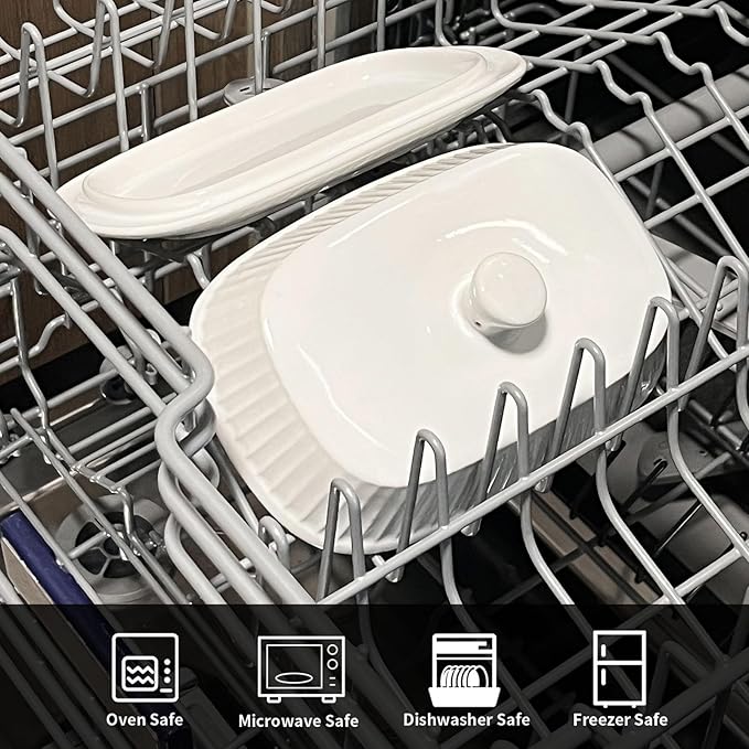 Hansense Porcelain Butter Dish with Lid for Countertop, Ceramic Butter Keeper with Handle Cover, Butter Holder Container Perfect for East and West Coast Butter, Dishwahser Safe, White