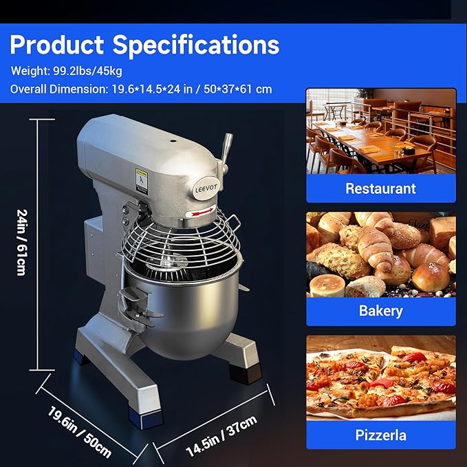 Commercial Food Mixer 10Qt,500W Commercial mixer 3-Speed Adjustable with Timing Function, Industrial Dough Mixer with Stainless Steel Bowl for Bakery Pizzeria (Upgrade)