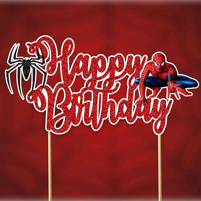 Spidrmn Happy Birthday Cake Topper – Superhero Cake Decoration for Boys, Party Supplies, Super hero-Themed Birthday, Spidr-Mn Party Accessory - Birthdays Decorations.