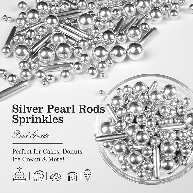 Silver Pearl Rods Sprinkles, Edible Sugar Candy Mix Size, 150g/5.29oz, Baking Cake Decoration, Food Grade, Cake Toppers, Easter, Celebration, Wedding Party Supplies