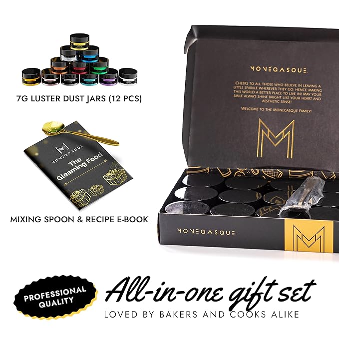 MONÉGASQUE Luster Dust Edible Glitter for Drinks 12 Pcs Set – Best Gift Idea for Bakers – Bakers Gift Set for Cake Decorations – Edible Glitter for Cakes & Cocktails – Cake Decorating Supplies