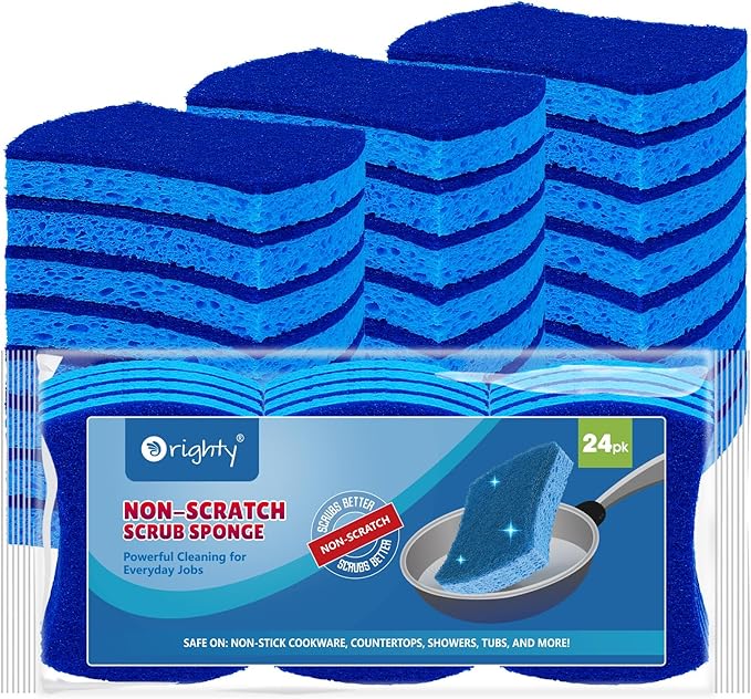 Orighty Non-Scratch Cellulose Scrub Sponges 24 Pack, Kitchen Sponges for Kitchen, Bathroom, and Household, Dual Side Sponge for Dishes, Non-Scratch Sponge Safe on Non-Stick Cookware, Car and More