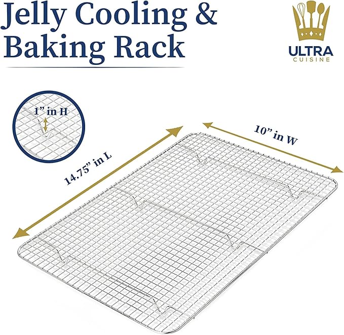 Ultra Cuisine Stainless Steel Jelly Roll Sheet Cooling Rack Set & Aluminum Baking Pan Set - Professional Quality, Fits Jelly Roll Sheet Pans - Cookie Sheet for Baking - 10"x14.75" Rack, 16"x11" Pan