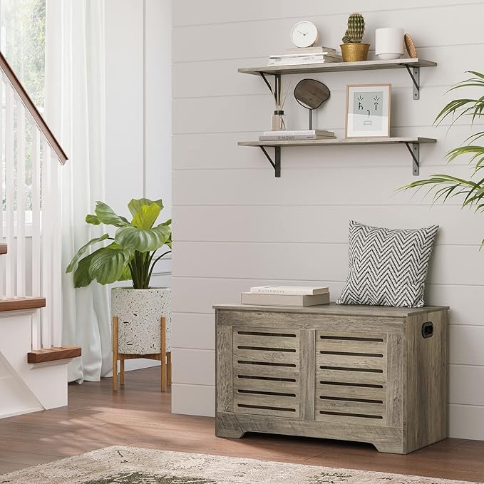 DINZI LVJ Wall Shelves, 23.6 x 7.9 x 6.1 Inch Floating Shelves for Wall, Set of 2, Easy-to-Install Wall Storage Ledges with Sturdy Metal Brackets for Living Room, Bathroom, Kitchen, Gray Wash