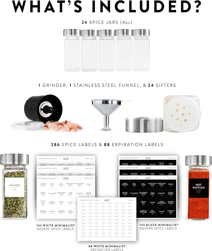 SAVVY & SORTED Glass Jars with 24PK 4oz Containers for Herbs and Seasonings – Includes Pepper Grinder, 374 Labels, Funnel, Shaker Lids & Empty Bottles
