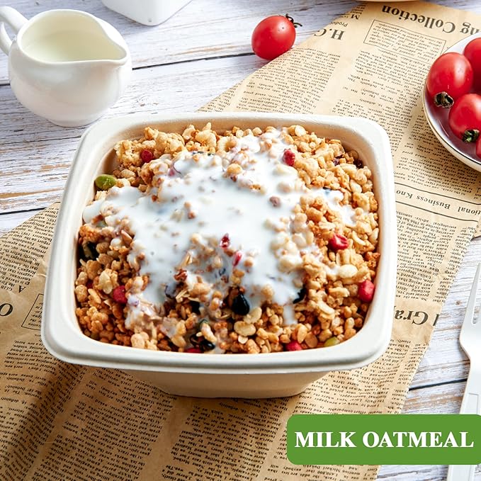 Vplus 150 Pack 32 OZ Paper Bowls Bulk, Square Disposable and Compostable, Eco-friendly Bagasse, Heavy-duty Bowls Perfect for Milk Cereals, Snacks, Salads