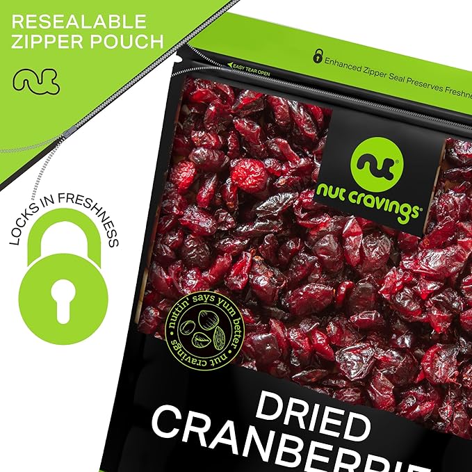 NUT CRAVINGS - Sun Dried Whole Cranberries, Lightly Sweetened (16oz, 1 LB) Bulk Dry Fruits Packed Fresh in Resealable Bag - Sweet Healthy Snack, Naturally Grown, Vegan, Kosher