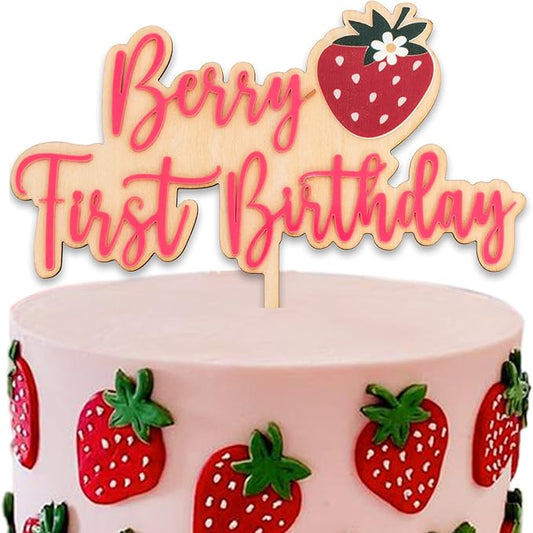 Berry First Birthday Cake Topper - Strawberry Cake Topper, Sweet One Birthday Cake Decoration for 1st Birthday Party, Anniversary, Baby Shower, Photo Booth Props, Cake Smash…
