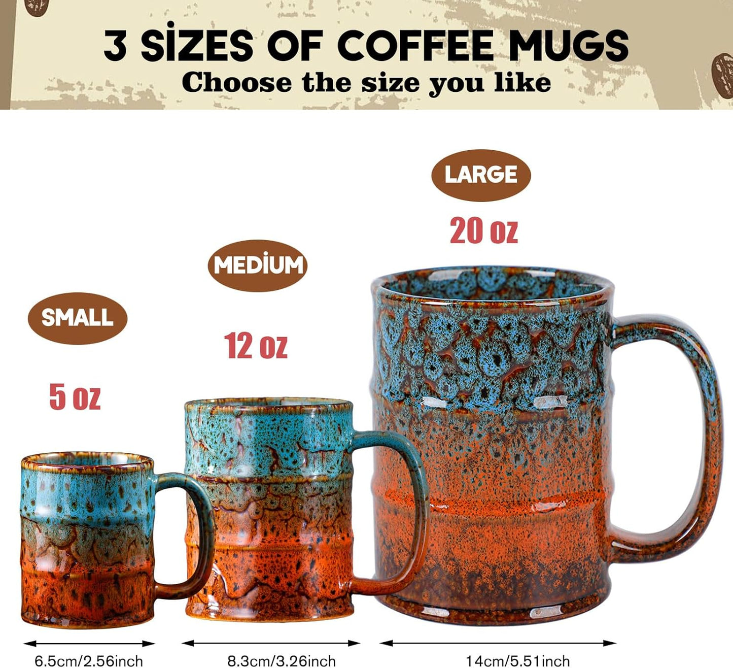 Blue and Brown 20 oz Ceramic Coffee Mugs - Large, Dishwasher and Microwave Safe, Perfect for Office and Home