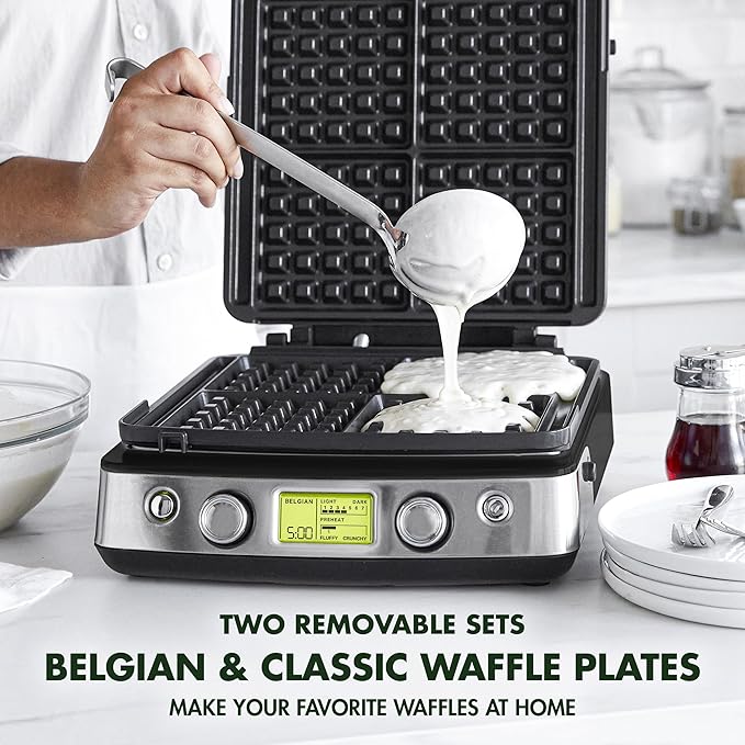GreenPan Elite 4-Square Belgian & Classic Waffle Maker, Healthy Ceramic Nonstick Aluminum Dishwasher Safe Plates, Adjustable Shade/Crunch Control, Wont Overflow,Easy Cleanup Breakfast,PFAS-Free,Black