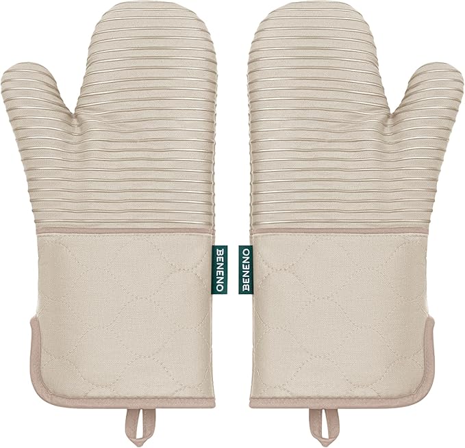 Beneno Kitchen Oven Mitts 2-Pack Heat Resistant to 500°F with Non-Slip Silicone Grip, Extra Long 14.3" Forearm Protection, Soft Quilted Cotton Terry Lining, Ideal for Cooking, Baking, Grilling, Beige