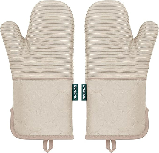 Beneno Kitchen Oven Mitts 2-Pack Heat Resistant to 500°F with Non-Slip Silicone Grip, Extra Long 14.3" Forearm Protection, Soft Quilted Cotton Terry Lining, Ideal for Cooking, Baking, Grilling, Beige