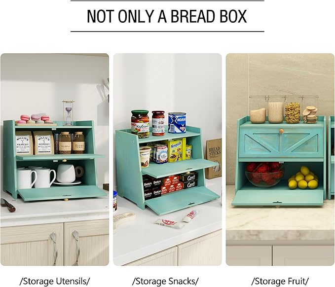 Vintage Double Layer Bread Box for Kitchen Counter Bamboo Bread Storage Container Large Capacity Bread Storage Bin (Antique Blue)