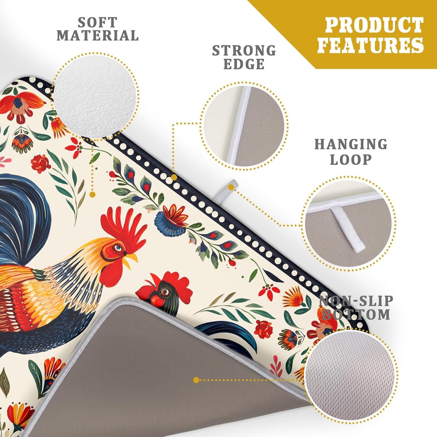 Rooster Poultry Dish Drying Mat for Kitchen Counter 18x24 Inch Microfiber Absorbent Colorful Printing Drying Pad