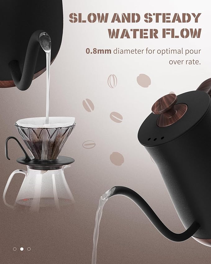 Gooseneck Electric Kettle - Stainless Steel Pour Over with Auto Shut Off, 0.8L Capacity, 1000W Quick Heating, Design with Elegant Handle, Matte Black with Walnut, Manual, (XH-W081-BW)