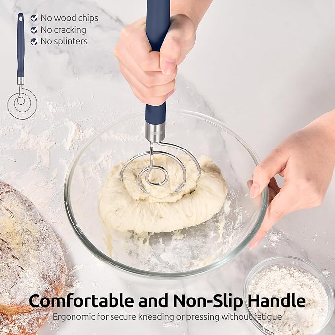 U-Taste 12.6" Danish Dough Whisk: 18/8 Stainless Steel Heavy-Duty Sourdough Mixer Tool, Food Grade Dutch Style Seamless Bread Wisk, Sturdy for Mixing, Stirring, Kneading Thick Batter (Midnight Blue)