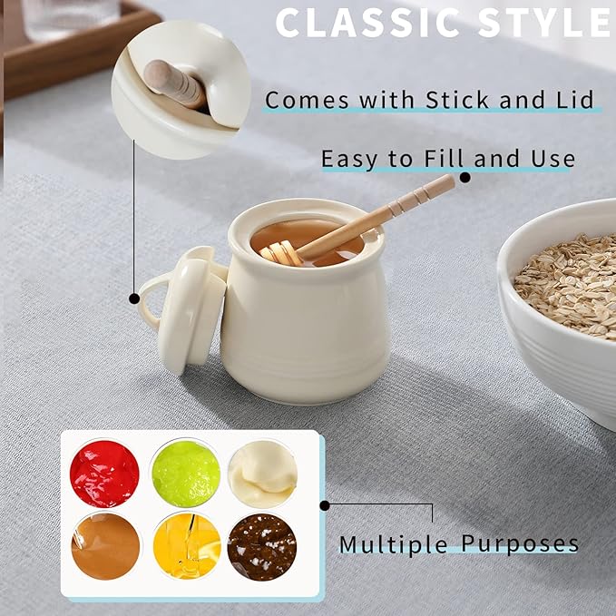 HAOTOP Ceramic Honey pot with Lid and Honey Dipper,Porcelain Honey Jar Easy to Clean and Dishwasher Safe,12oz (Beige)