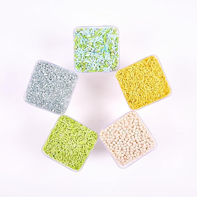 Confect Edible Sprinkles for Cakes & Cupcakes Decoration Assorted pack of 5 Summer Fun Sprinkles Mix White Dragees Green Yellow Blue Jimmies Silver Sparkling Sugar | Vegan, Gluten-Free, Nut-Free, Soy-Free, Dairy-Free, Palm Oil-Free - 5 Oz