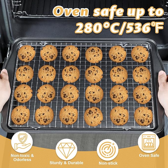Baking Sheet with Cooling Racks - Carbon Steel Cookie Sheets for Baking [2 Sheets + 2 Racks], Nonstick Baking Pans, Perfect for Baking, Roasting, and More, Size 17 x 11 x 0.5 Inches