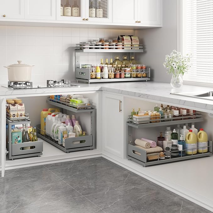 2 Pack 21 in Depth Pull Out Cabinet Storage with Smooth Rails,2-Tier Dual Pull Out Cabinet Storage for Bathroom Kitchen,Under Sink Shelf-Gun Gray