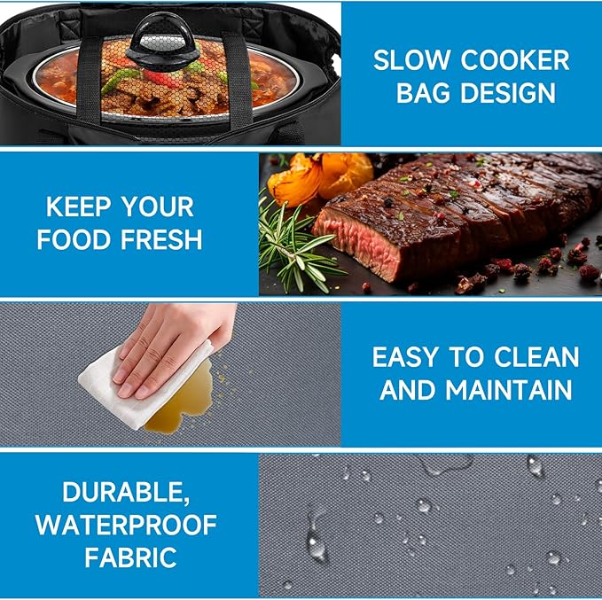 Portable Slow Cooker Travel Bag, Isulated Carrier Case Tote for 4-8 Quart Crock Carrier Compatible with Else Brands, Internal Mesh Net Holds Pot in Place, For Travel, Outdoor, Picnic, Grey