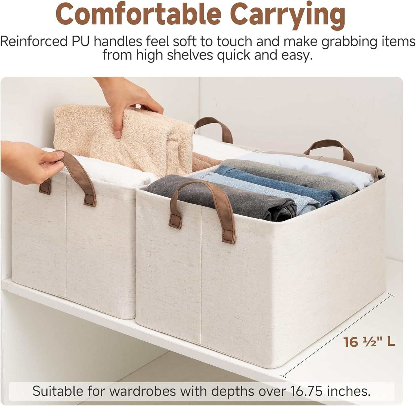 StorageWorks Storage Bins, Shelves Baskets for Organizing, Large Fabric Closet Organizers with Handles, Metal Frame, Beige（Cotton-linen）, 2-Pack