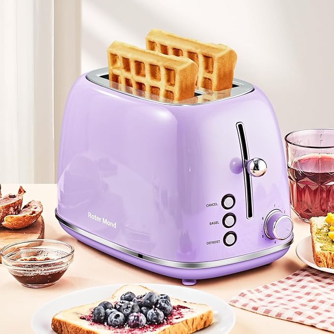 2 Slice Toaster Retro Stainless Steel with Bagel, Cancel, and Defrost Functions, 6 Bread Shade Settings, Extra Wide Slots and Removable Crumb Tray, Lavender-Purple
