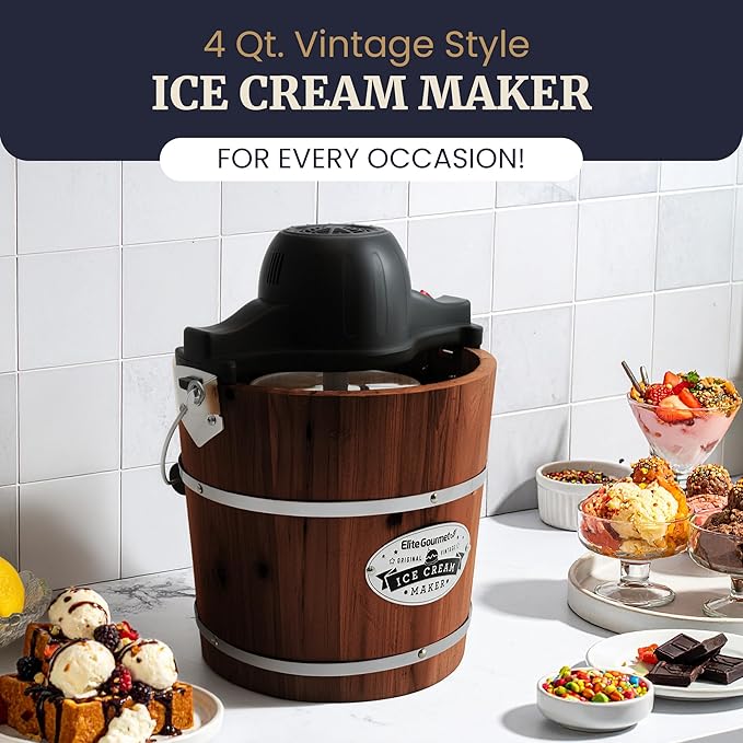 Elite Gourmet EIM418 Old Fashioned 4 Quart Vintage Walnut Wood Bucket, Electric Ice Cream Maker Machine, Uses Ice and Rock Salt Churns Ice Cream in Minutes